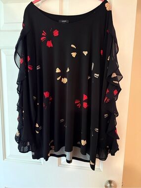 Alfani Black Floral Ruffle-Sleeve Tunic with Red and Cream Accents